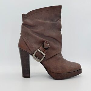 ZAPPA Slouch Buckle Platform Bootie 37 Brown Leather Stacked Heel Ankle Y2K